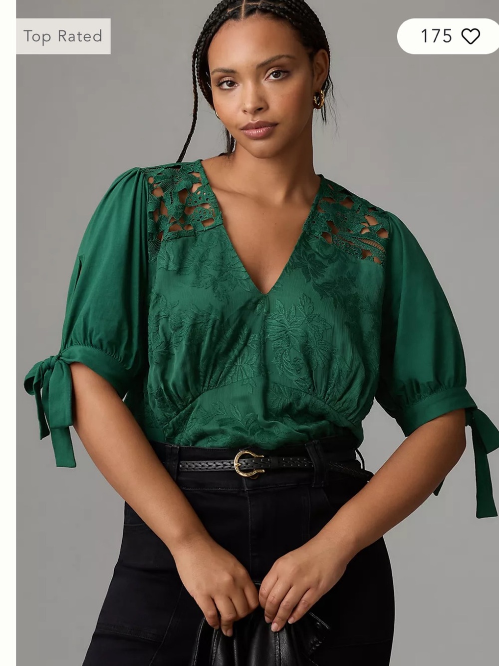 ANTHROPOLOGIE rich green LACE top by TINY size XL bow sleeve DEEP V NECK